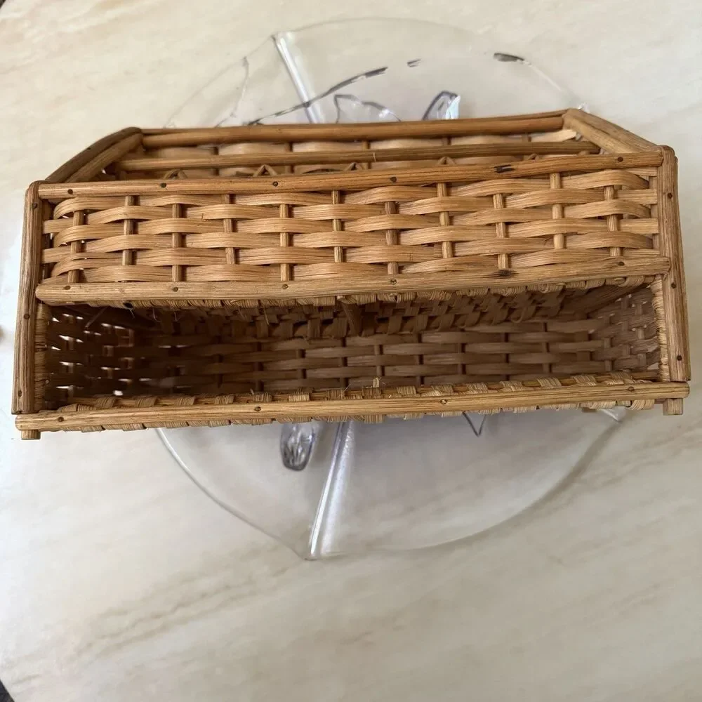 Vintage Wicker Rattan Divided Storage Basket Organizer Mail Utensil Holder 11”